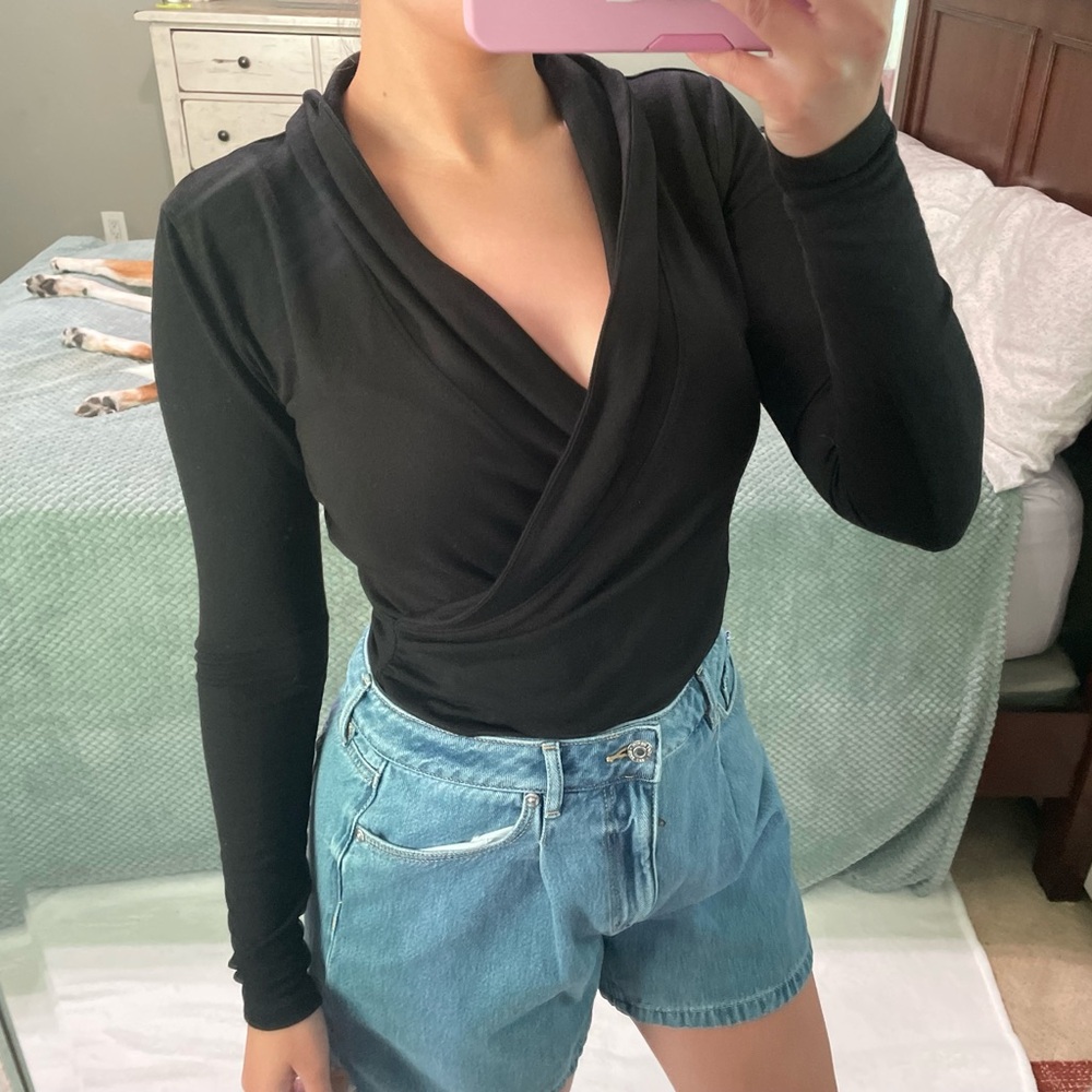 Ann Taylor Long Sleeve Black Wrap Top